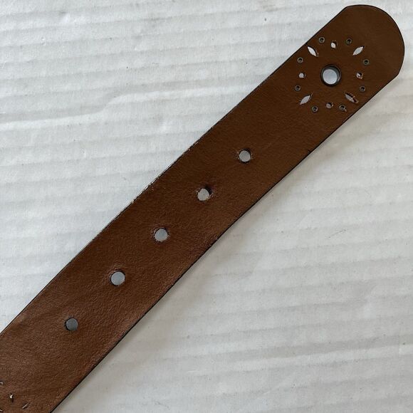 Y2K FOSSIL Leather Patchwork Belt  Small Floral Studded Tooled Western Vintage
